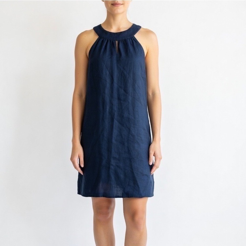 Antibes Blanc Navy Blue 100% Linen Halter Neck Keyhole Shift Mini Dress - Medium